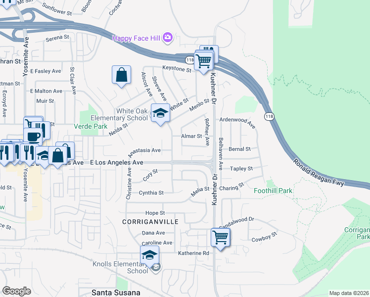 map of restaurants, bars, coffee shops, grocery stores, and more near 2017 Cheam Avenue in Simi Valley