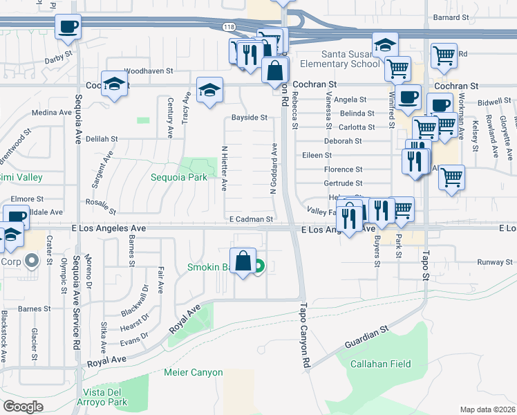 map of restaurants, bars, coffee shops, grocery stores, and more near 3955 Lecont Court in Simi Valley