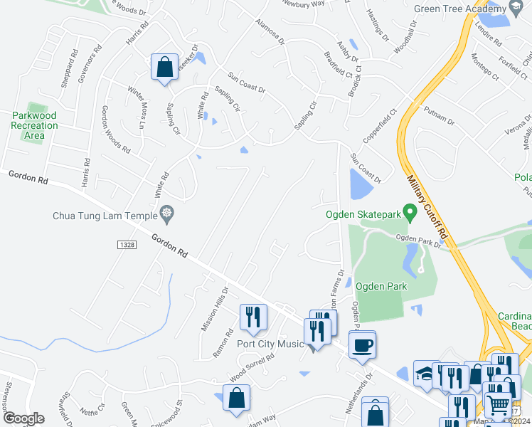 map of restaurants, bars, coffee shops, grocery stores, and more near 1927 Gordon Acres Drive in Wilmington
