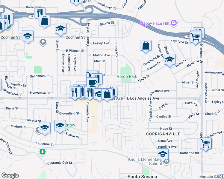 map of restaurants, bars, coffee shops, grocery stores, and more near 2067 North Avenida Vista Del Monte in Simi Valley