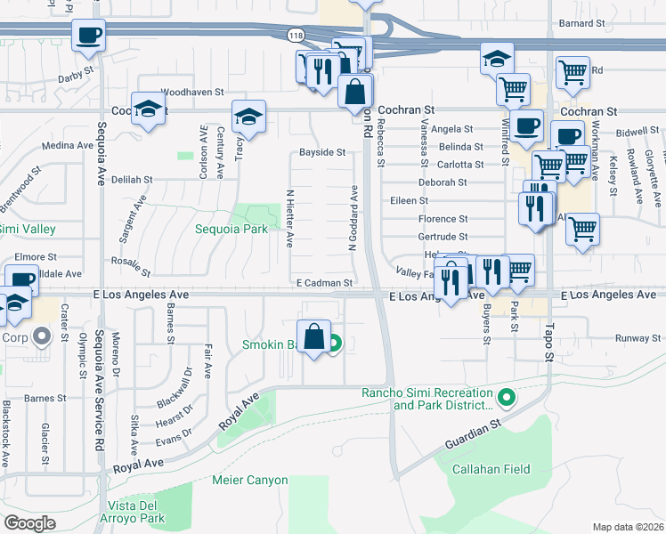 map of restaurants, bars, coffee shops, grocery stores, and more near 3975 Hemway Court in Simi Valley