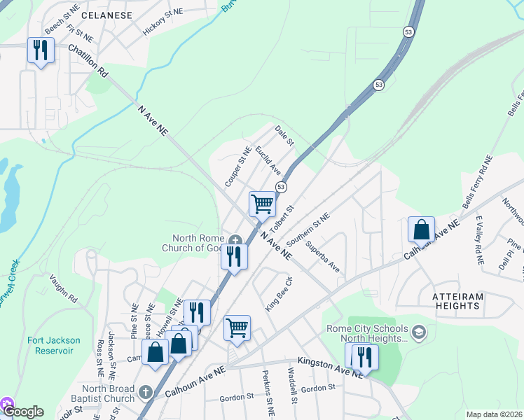 map of restaurants, bars, coffee shops, grocery stores, and more near 211 Woodward Street Northeast in Rome