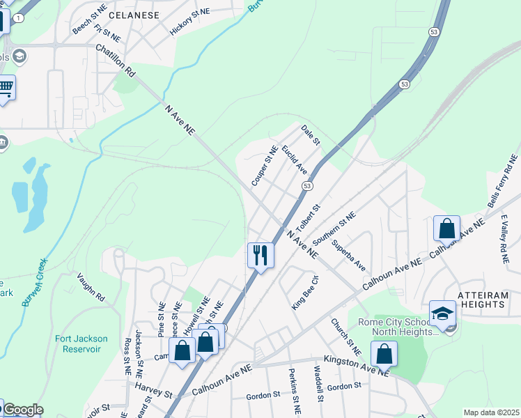 map of restaurants, bars, coffee shops, grocery stores, and more near 205 Forsyth Street Northeast in Rome