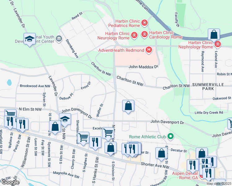 map of restaurants, bars, coffee shops, grocery stores, and more near 588 North Division Street Northwest in Rome