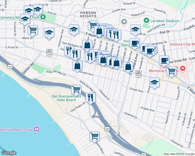 map of restaurants, bars, coffee shops, grocery stores, and more near 417 Anacapa Street in Ventura