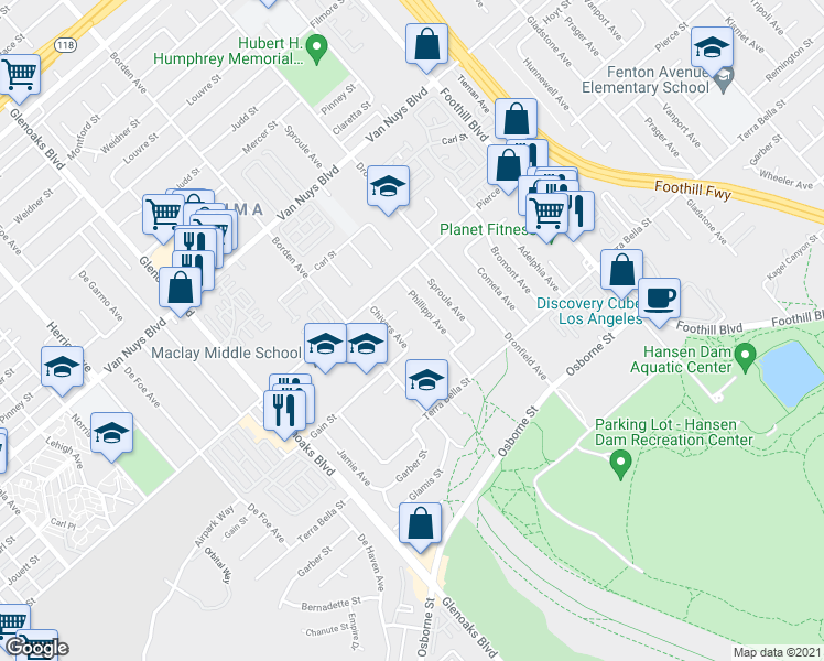 map of restaurants, bars, coffee shops, grocery stores, and more near Gruen Street in Los Angeles