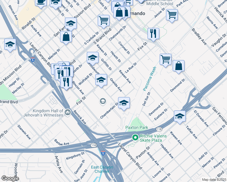 map of restaurants, bars, coffee shops, grocery stores, and more near 14127 Daubert Street in San Fernando