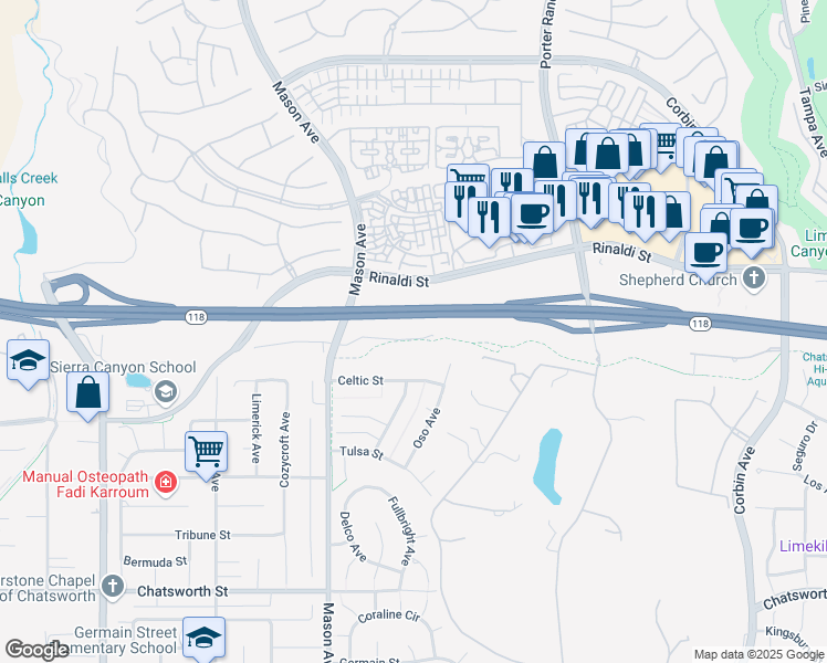 map of restaurants, bars, coffee shops, grocery stores, and more near 20335 Edgewood Court in Los Angeles
