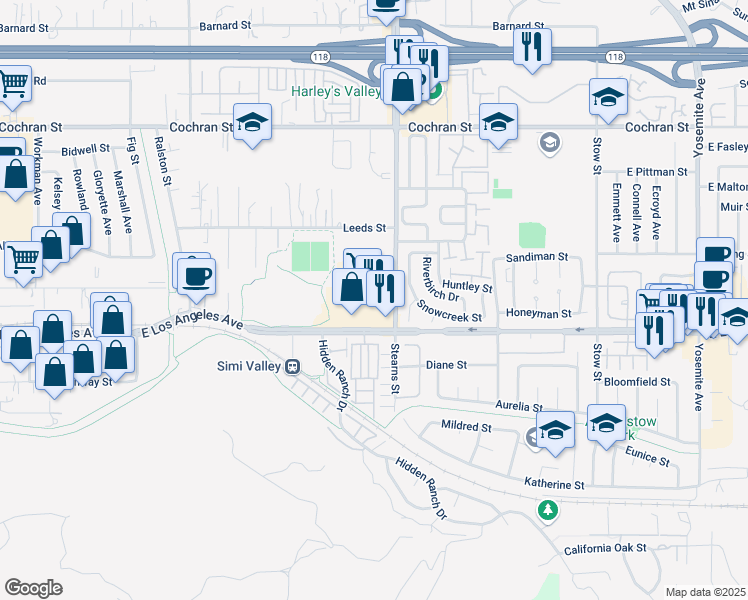 map of restaurants, bars, coffee shops, grocery stores, and more near 5145 East Los Angeles Avenue in Simi Valley