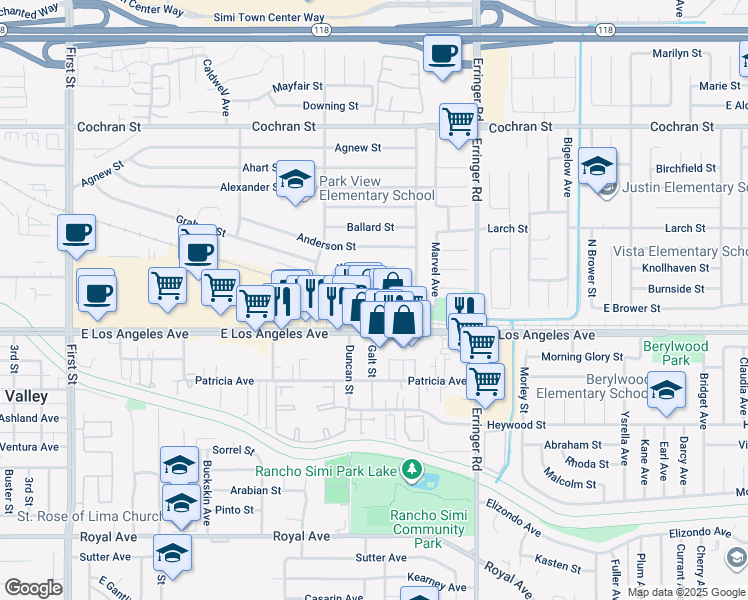map of restaurants, bars, coffee shops, grocery stores, and more near 1704 Alviso Street in Simi Valley