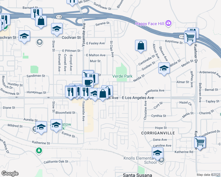 map of restaurants, bars, coffee shops, grocery stores, and more near 2045 North Avenida Refugio in Simi Valley