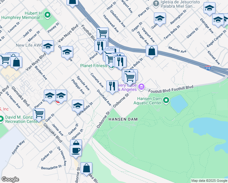 map of restaurants, bars, coffee shops, grocery stores, and more near 12120 Terra Bella Street in Los Angeles