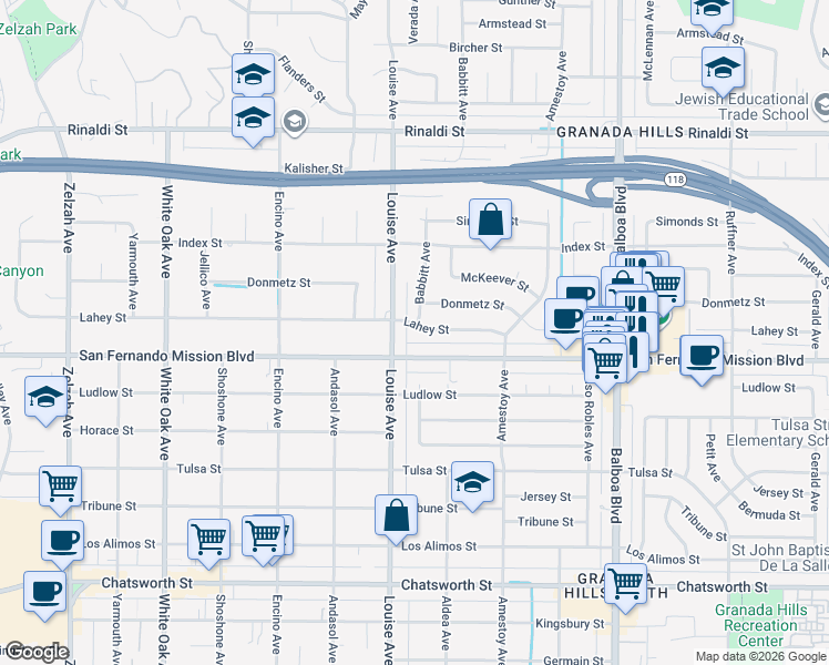 map of restaurants, bars, coffee shops, grocery stores, and more near 11144 Louise Avenue in Los Angeles