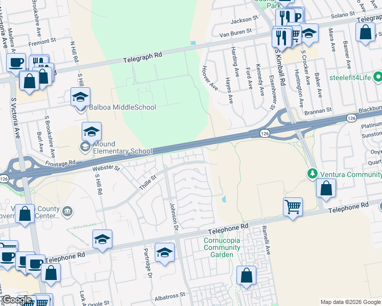 map of restaurants, bars, coffee shops, grocery stores, and more near 587 Holmes Avenue in Ventura
