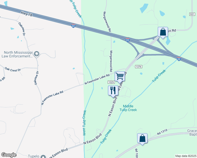 map of restaurants, bars, coffee shops, grocery stores, and more near Old Auborn Road in Tupelo