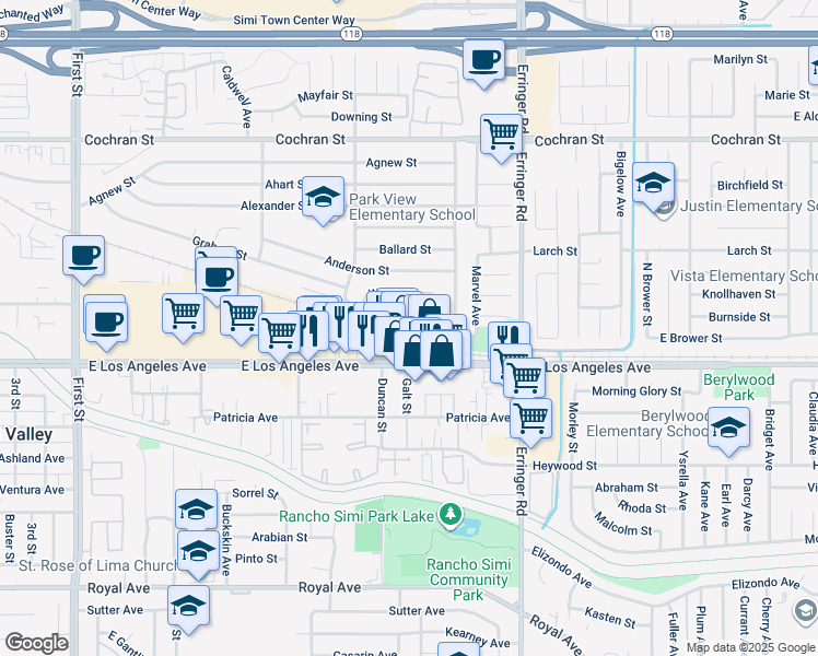 map of restaurants, bars, coffee shops, grocery stores, and more near 1704 Alviso Street in Simi Valley