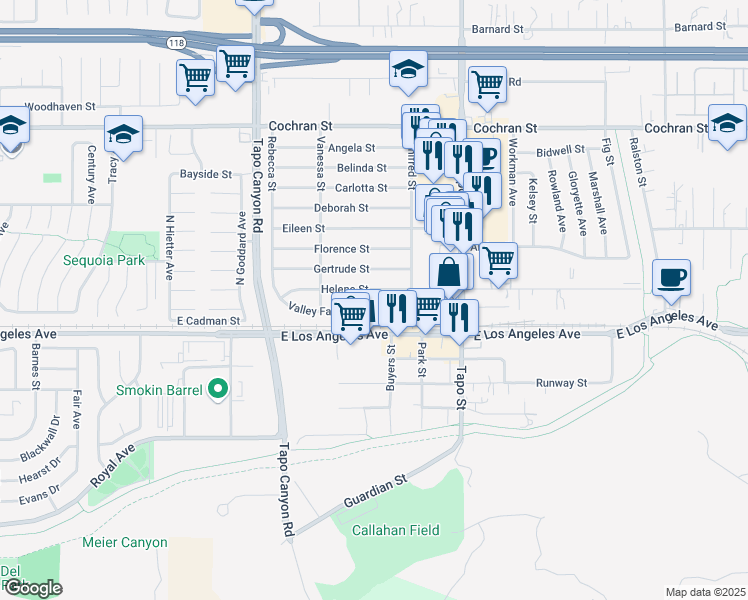 map of restaurants, bars, coffee shops, grocery stores, and more near 4193 Helene Street in Simi Valley