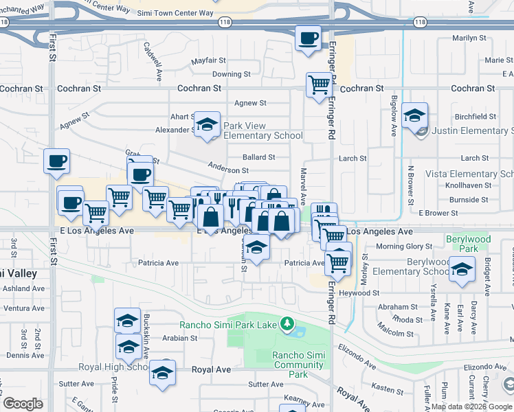 map of restaurants, bars, coffee shops, grocery stores, and more near 1692 Alviso Street in Simi Valley