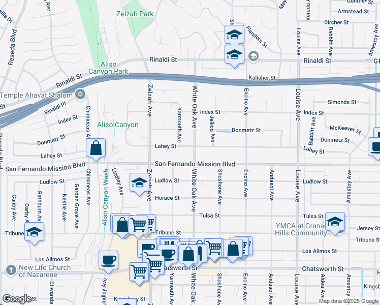 map of restaurants, bars, coffee shops, grocery stores, and more near 11129 White Oak Avenue in Los Angeles