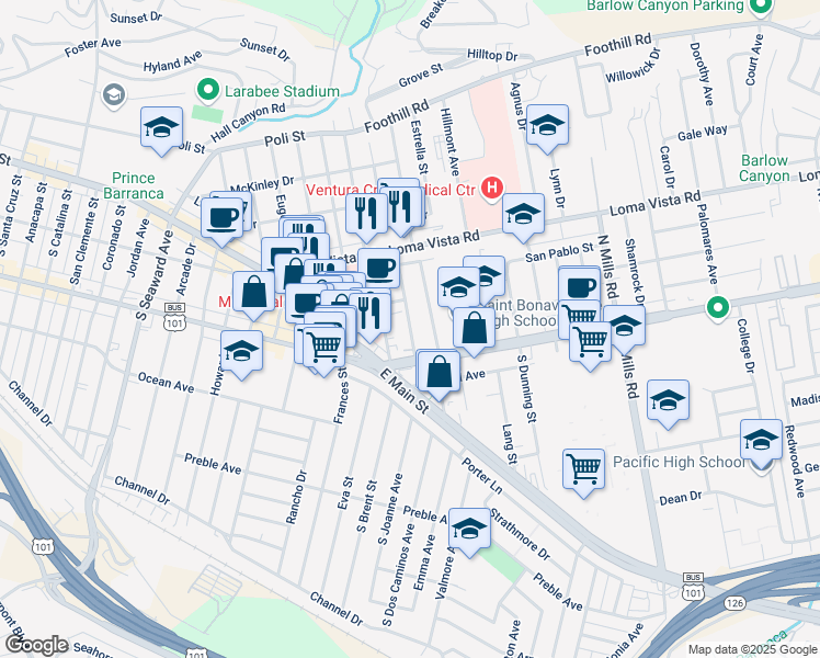 map of restaurants, bars, coffee shops, grocery stores, and more near 78 North Joanne Avenue in Ventura