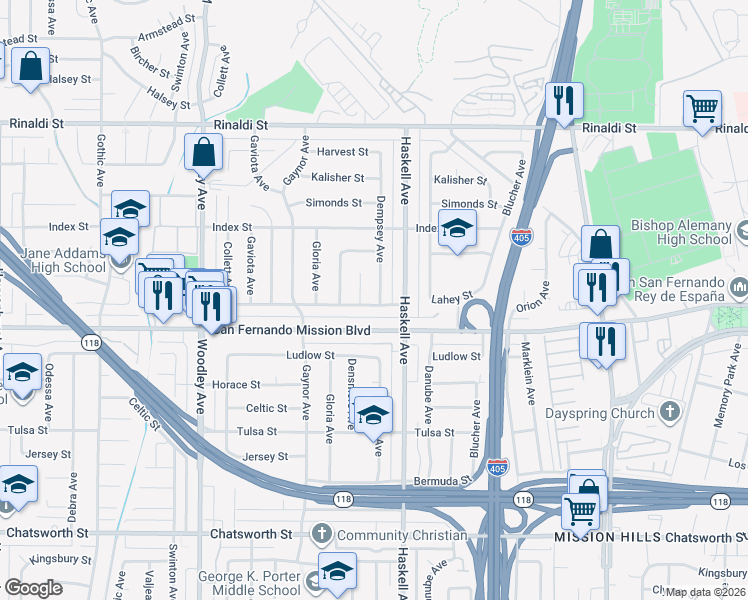 map of restaurants, bars, coffee shops, grocery stores, and more near 11131 Dempsey Avenue in Los Angeles