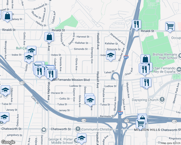 map of restaurants, bars, coffee shops, grocery stores, and more near 11131 Dempsey Avenue in Los Angeles
