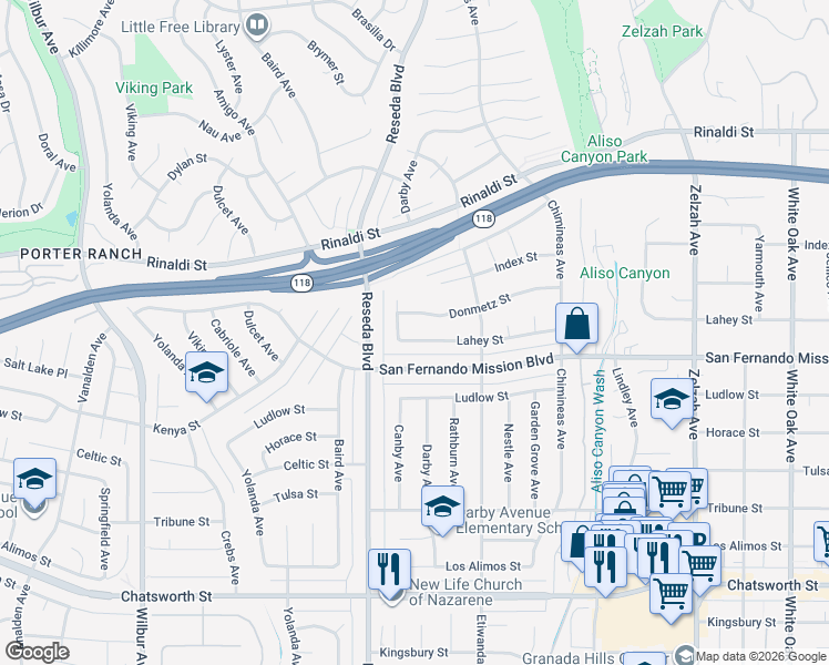 map of restaurants, bars, coffee shops, grocery stores, and more near 18370 Donmetz Street in Los Angeles