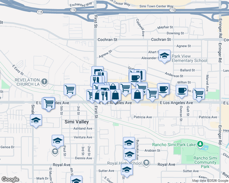 map of restaurants, bars, coffee shops, grocery stores, and more near 1159 East Los Angeles Avenue in Simi Valley