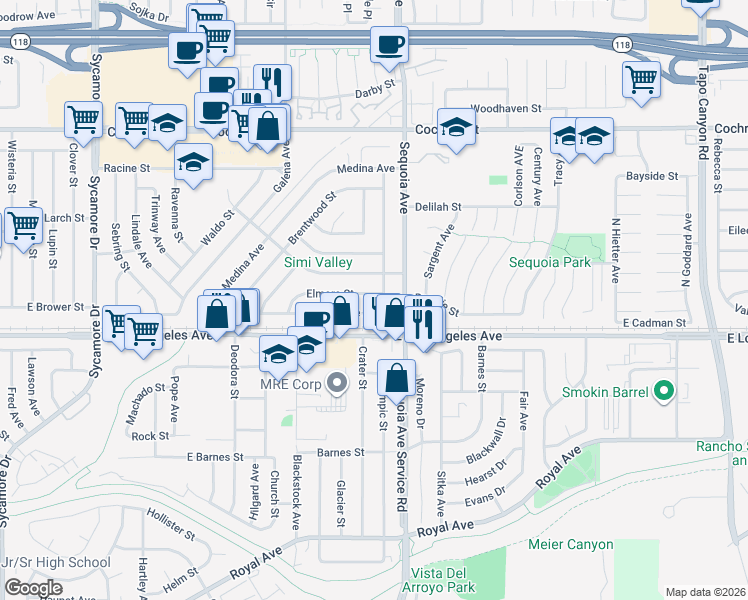 map of restaurants, bars, coffee shops, grocery stores, and more near 3376 Elmore Street in Simi Valley