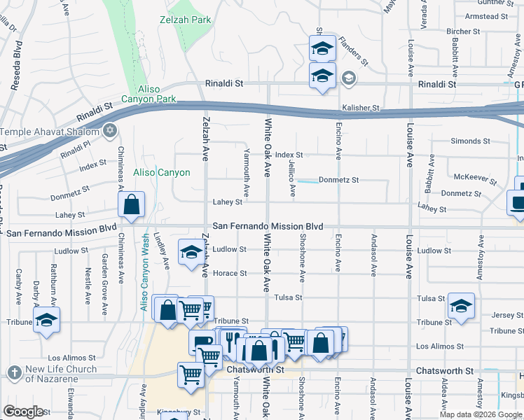 map of restaurants, bars, coffee shops, grocery stores, and more near 11129 White Oak Avenue in Los Angeles