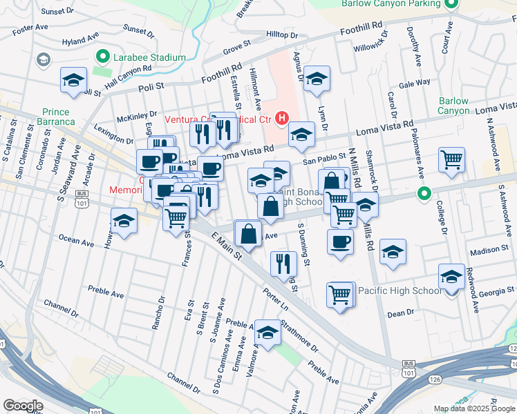 map of restaurants, bars, coffee shops, grocery stores, and more near 3167 Telegraph Road in Ventura