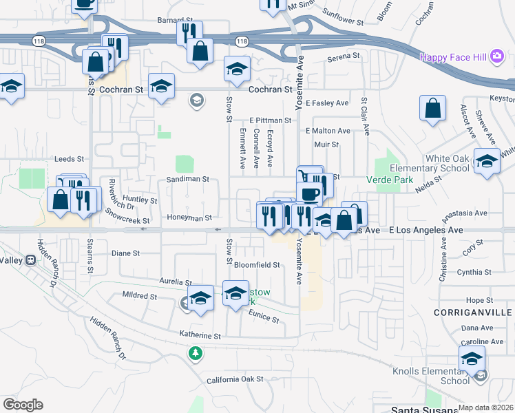 map of restaurants, bars, coffee shops, grocery stores, and more near 5691 Vinca Street in Simi Valley