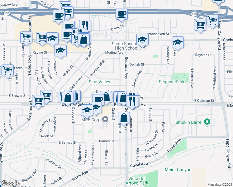 map of restaurants, bars, coffee shops, grocery stores, and more near 3376 Elmore Street in Simi Valley