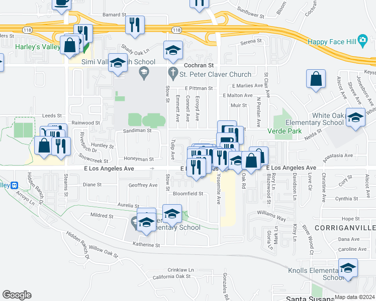 map of restaurants, bars, coffee shops, grocery stores, and more near 2037 Freesia Avenue in Simi Valley