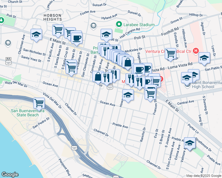 map of restaurants, bars, coffee shops, grocery stores, and more near 2359 East Thompson Boulevard in Ventura