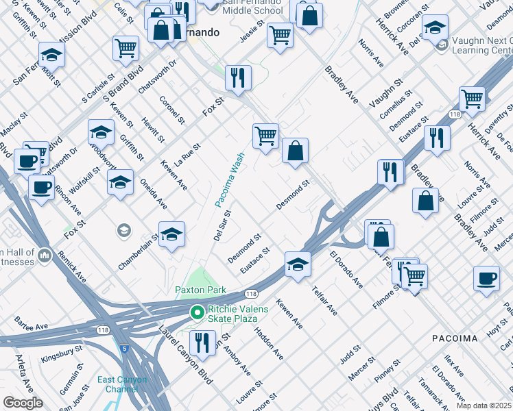 map of restaurants, bars, coffee shops, grocery stores, and more near 11177 Tamarack Avenue in Los Angeles