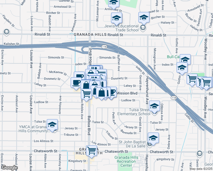 map of restaurants, bars, coffee shops, grocery stores, and more near 16857 San Fernando Mission Boulevard in Los Angeles