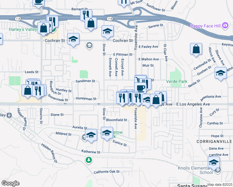 map of restaurants, bars, coffee shops, grocery stores, and more near 2037 Freesia Avenue in Simi Valley