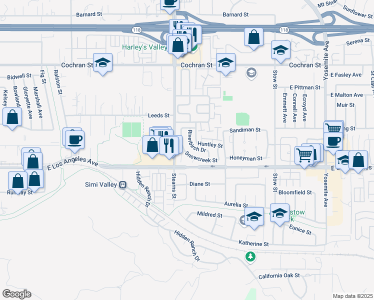 map of restaurants, bars, coffee shops, grocery stores, and more near 2136 Crosscreek Avenue in Simi Valley