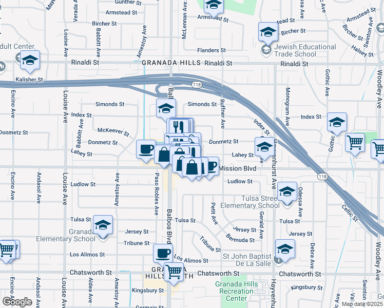 map of restaurants, bars, coffee shops, grocery stores, and more near 16857 San Fernando Mission Boulevard in Los Angeles