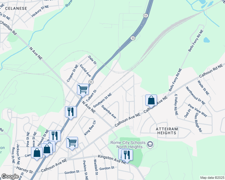 map of restaurants, bars, coffee shops, grocery stores, and more near 2123 Southern Street Northeast in Rome