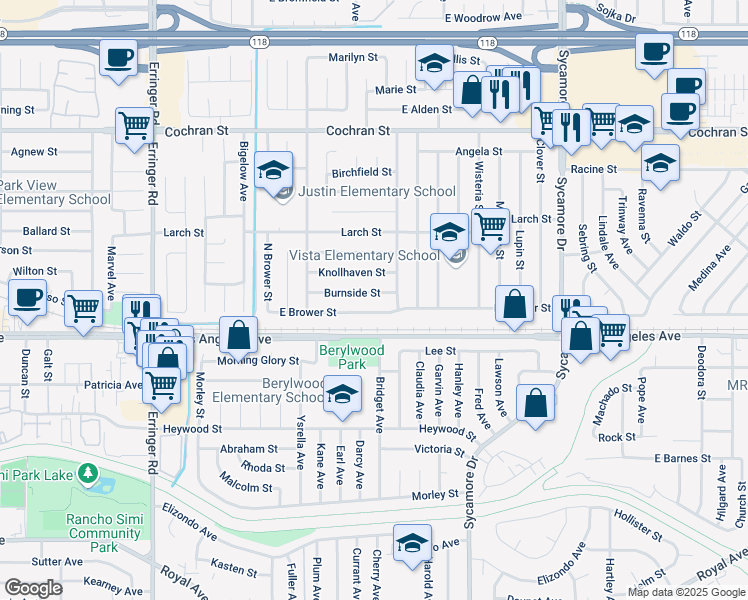 map of restaurants, bars, coffee shops, grocery stores, and more near 2327 Burnside Street in Simi Valley