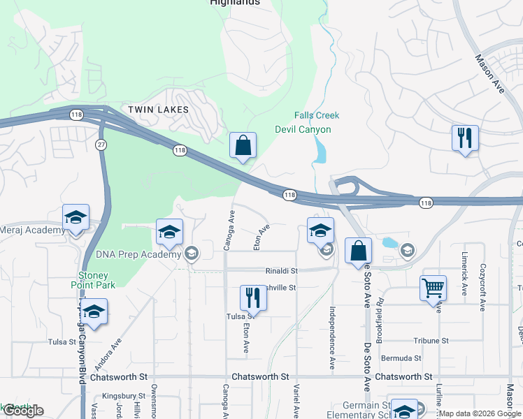 map of restaurants, bars, coffee shops, grocery stores, and more near 21317 Candice Place in Los Angeles