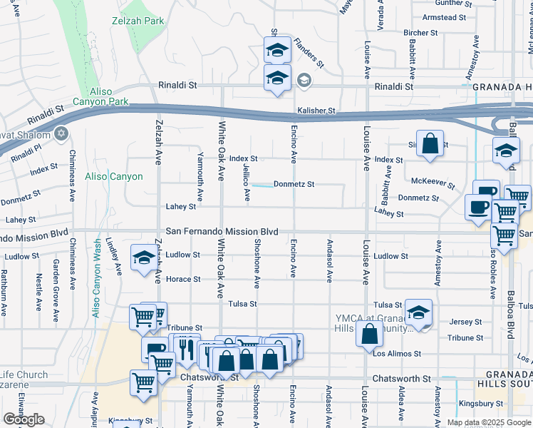 map of restaurants, bars, coffee shops, grocery stores, and more near 17531 Lahey Street in Los Angeles