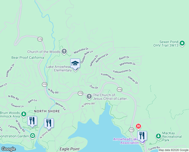 map of restaurants, bars, coffee shops, grocery stores, and more near 1320 Yosemite Drive in Lake Arrowhead