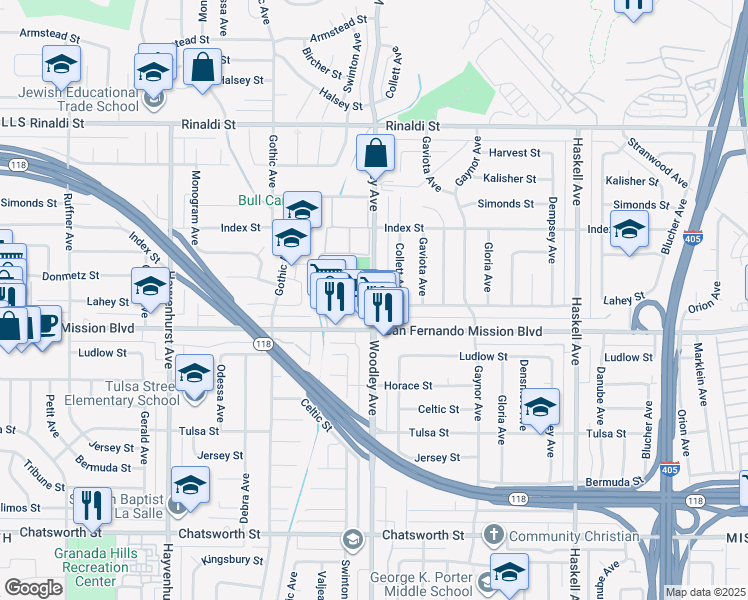 map of restaurants, bars, coffee shops, grocery stores, and more near 11151 Woodley Avenue in Los Angeles