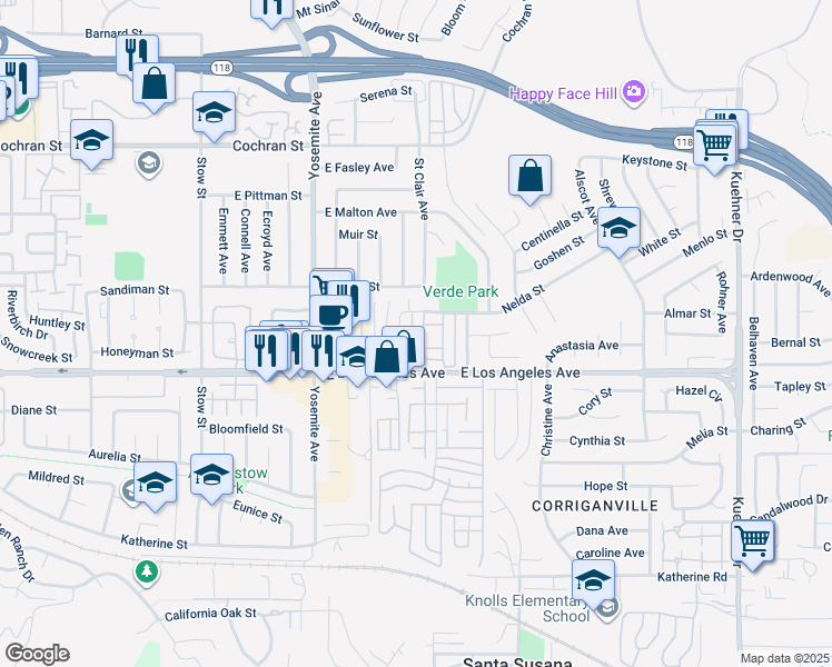 map of restaurants, bars, coffee shops, grocery stores, and more near 6002 Nelda Street in Simi Valley