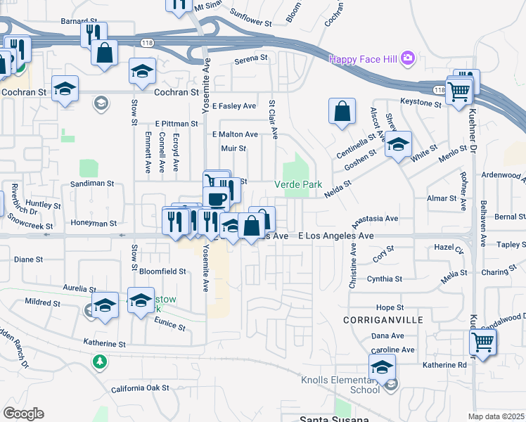map of restaurants, bars, coffee shops, grocery stores, and more near 2067 North Avenida Vista Del Monte in Simi Valley
