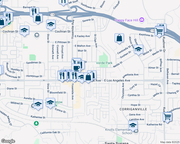 map of restaurants, bars, coffee shops, grocery stores, and more near 2067 North Avenida Vista Del Monte in Simi Valley