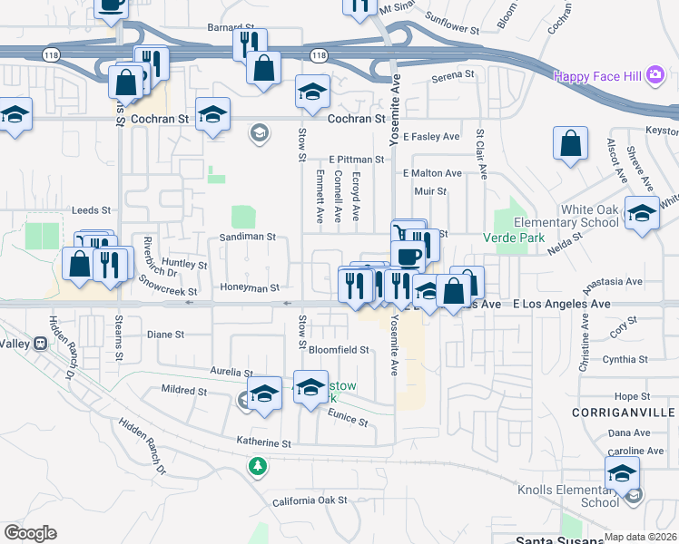 map of restaurants, bars, coffee shops, grocery stores, and more near 5691 Vinca Street in Simi Valley